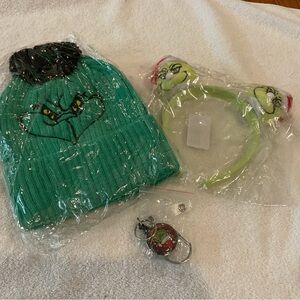 Kids Grinch Beanie& Headband & Retractable KeyChain/Badge Reel for ID Holder Set